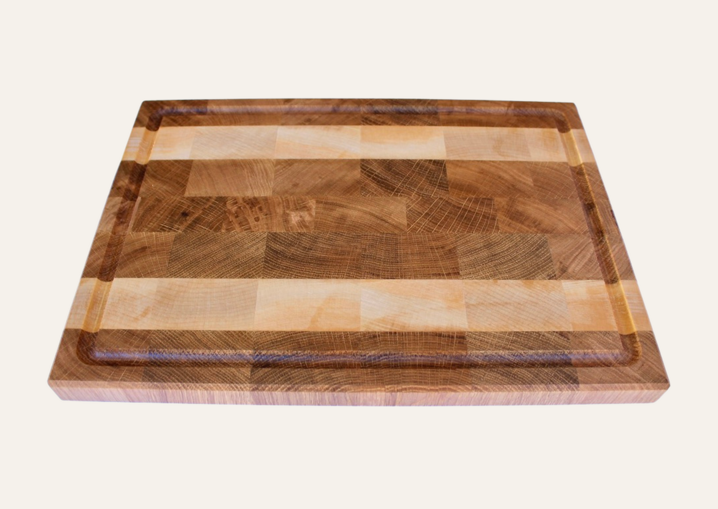 Stirnholzschneidebrett aus Schweizer Eiche und Ahorn 3cm dick